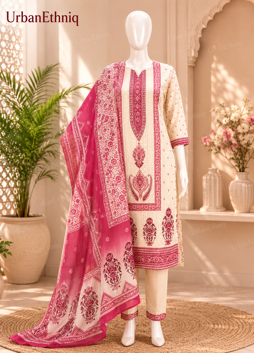 Whitepink Embroidered Straight Kurti
